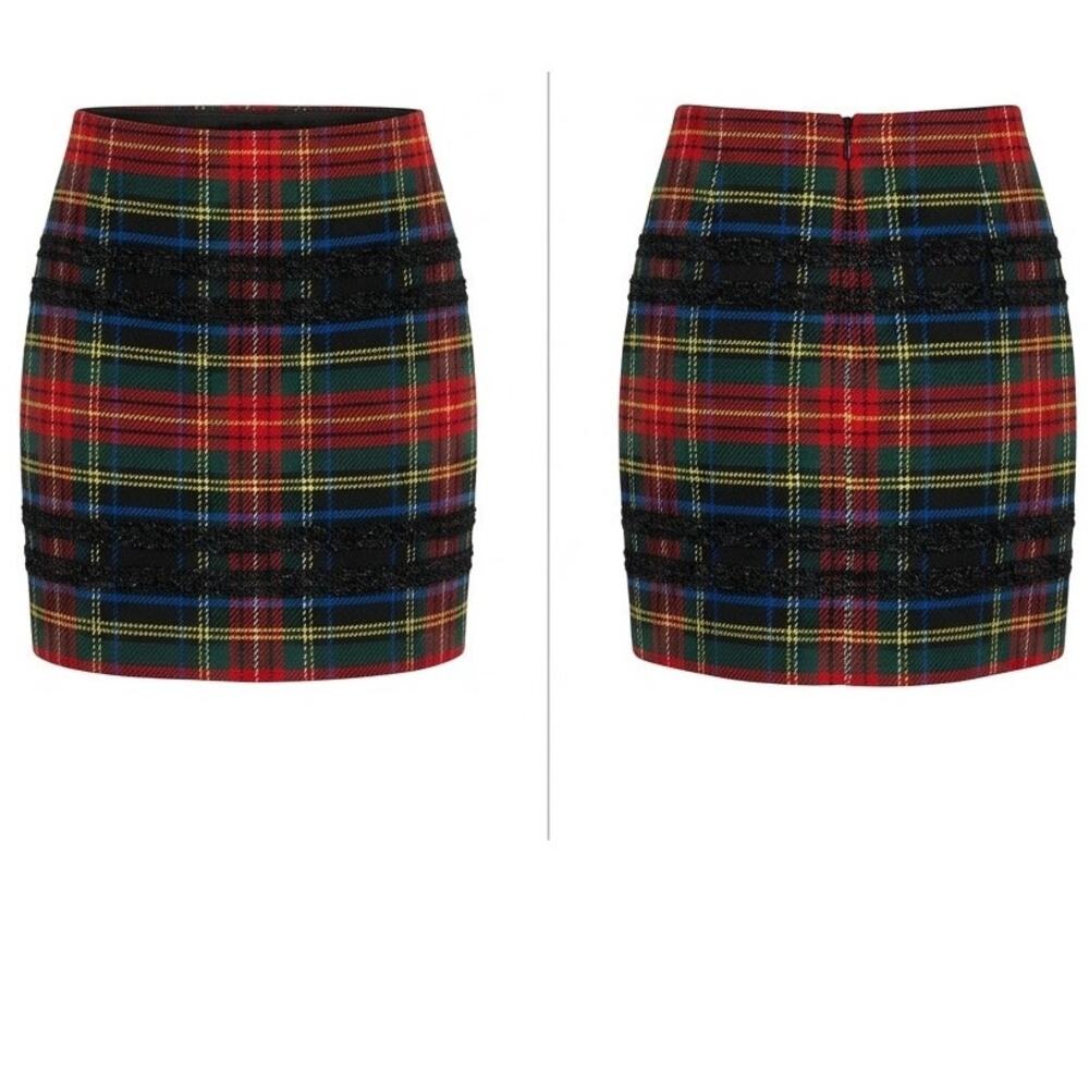 J.Crew Wool Blend Red Tartan Plaid Lace Trim Pencil Mini Skirt Women Size 6